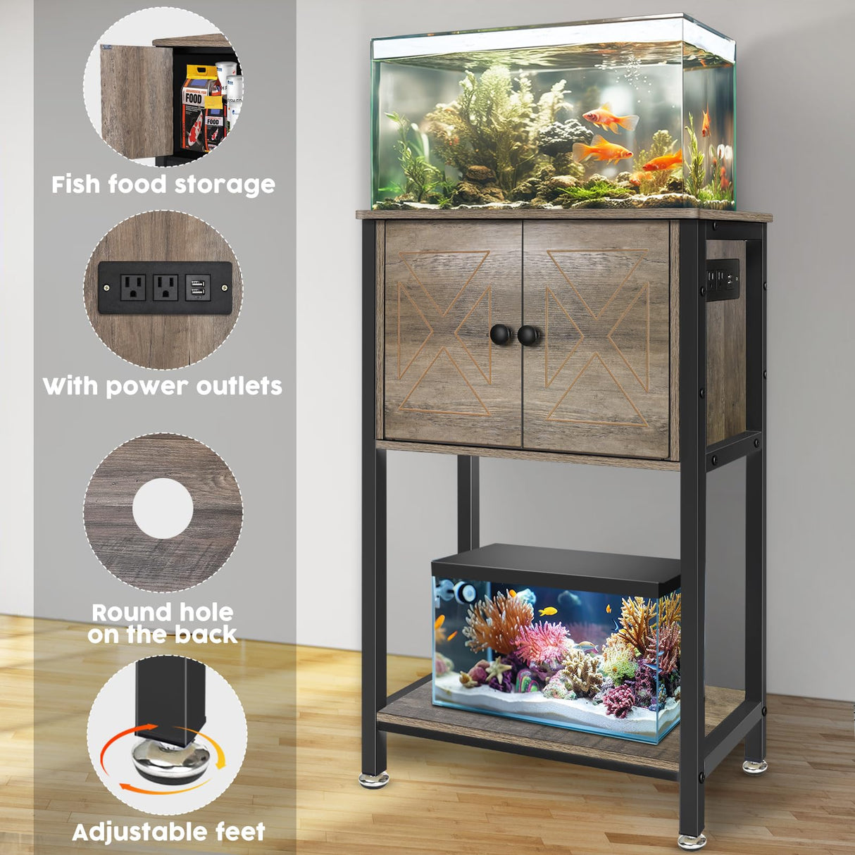 5-10 Gallon Fish Tank Stand, Heavy Duty Aquarium Stand with Cabinet & Power Outlets for Fish Tank Accessories Storage, Double Tank Stand 20.5" L* 11" W Tabletop, 220LBS Capacity, Grey BEURUKU