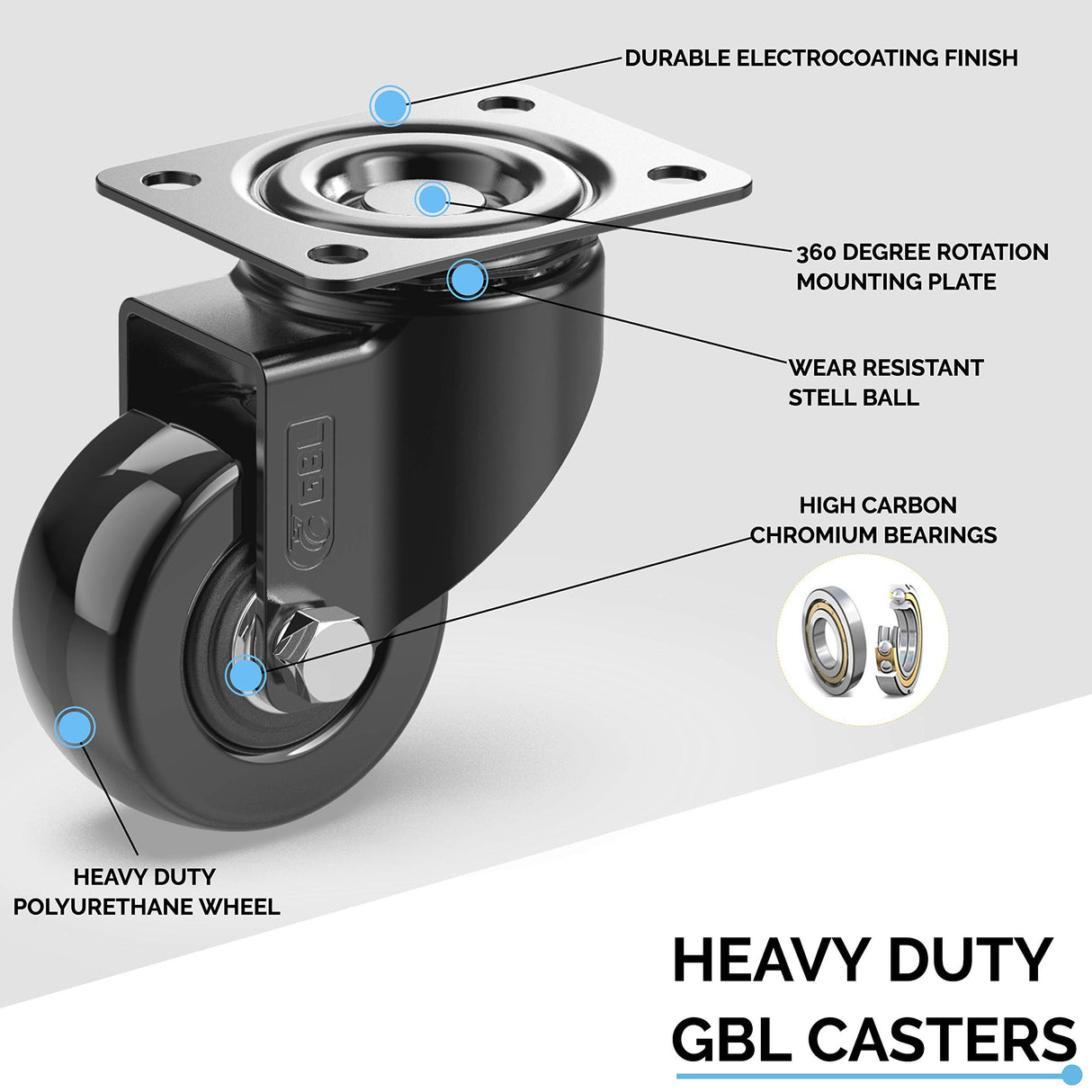 GBL 2" Heavy Duty Caster Wheels Without Brakes + Screws - up to 440Lbs - Set of 4 No Floor Marks Silent Castor for Furniture - Rubbered Trolley or Pallet Swivel Wheels - Black Casters GBL