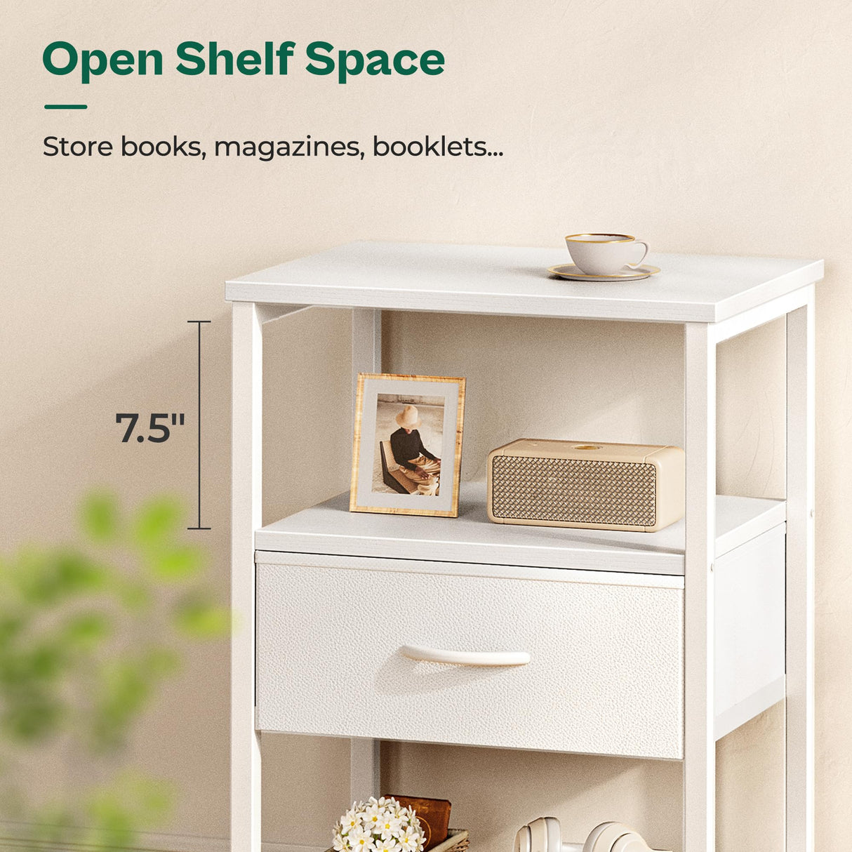 Huuger Nightstand Set of 2, Night Stand with Fabric Drawer, Mesh Shelf, Side Table with Storage, Fabric Drawer Dresser, Open Shelf, Metal Frame, Bedroom, White Huuger