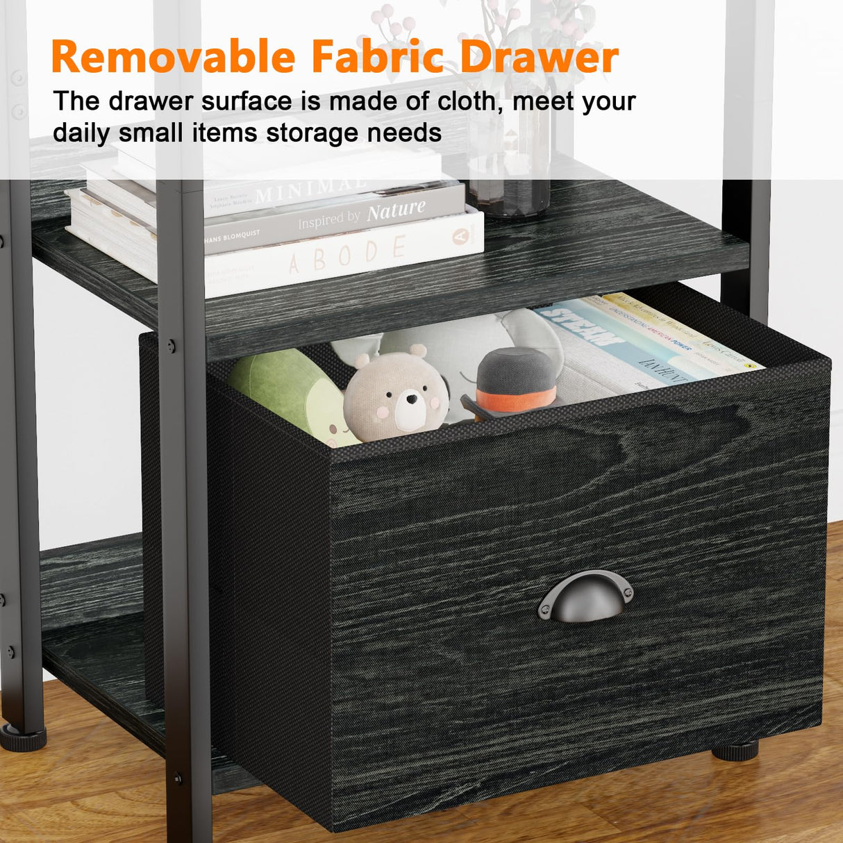 Furologee 4 Tier Bookshelf with Drawer, Small Narrow Bookcase, Wood and Metal Standing Shelf Unit, Industrial Display Storage Shelves Organizer for Bedroom, Living Room, Entryway, Black Furologee