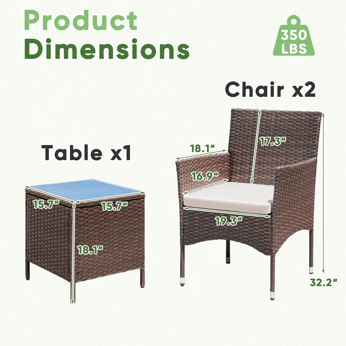 Greesum 3 Pieces Patio Dining PE Rattan Wicker Chair Furniture Set with Cushion and Glass Coffee Table for Outdoor Garden Backyard Poolside, Brown and Beige Greesum