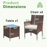 Greesum 3 Pieces Patio Dining PE Rattan Wicker Chair Furniture Set with Cushion and Glass Coffee Table for Outdoor Garden Backyard Poolside, Brown and Beige Greesum