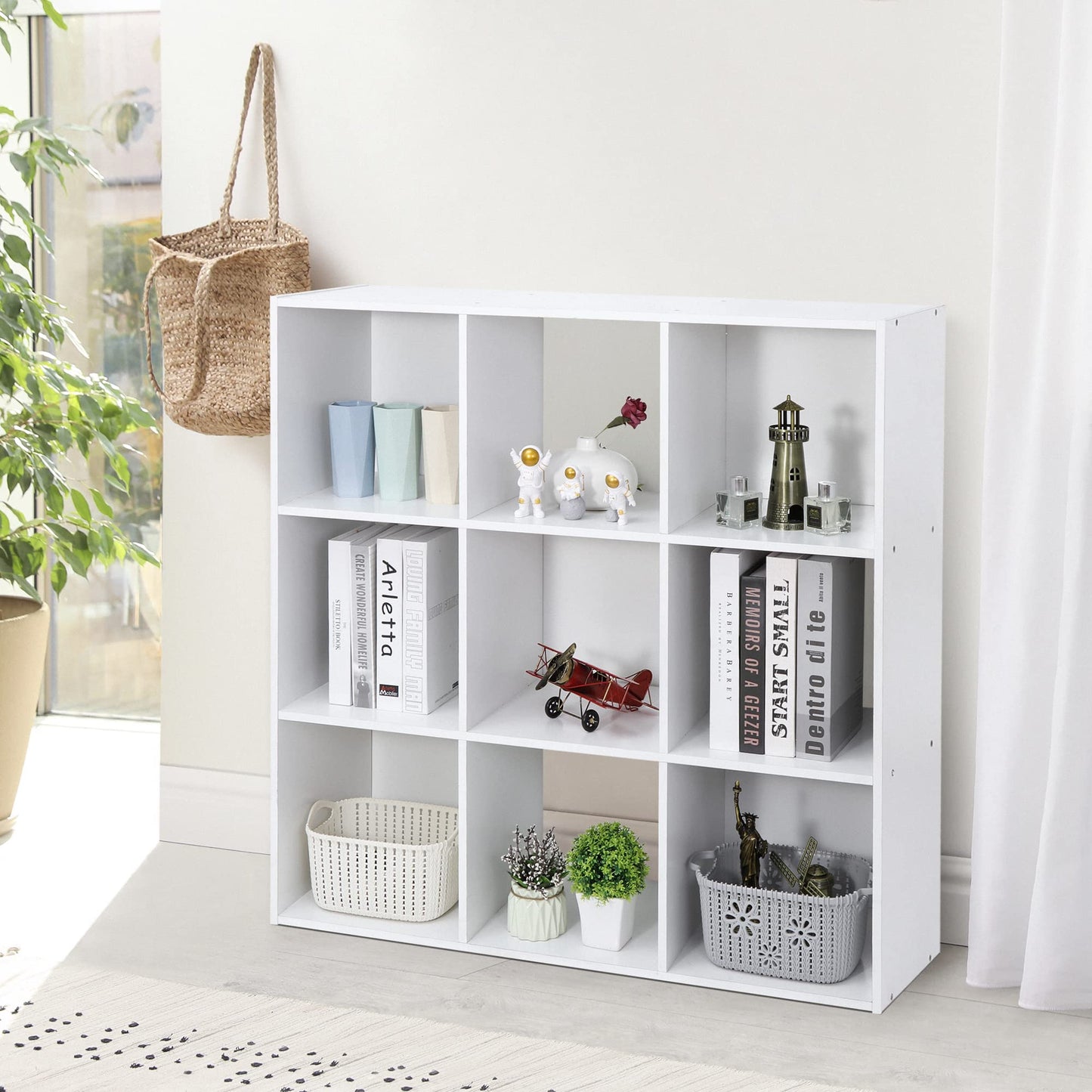 ZenStyle 9 Cube Storage Shelf Organizer, Wooden Bookshelf System Display Cube Shelves Compartments, Customizable W/ 5 Removable Back Panels (White)