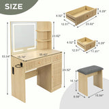 Yechen 35" Boho Makeup Vanity Table with LED Lighted Mirror & Power Strip, Wooden Dressing Table Set with Rattan Drawers, Storage Shelves and Cushioned Stool for Bedroom, Perfect for Girls Women Gift Yechen