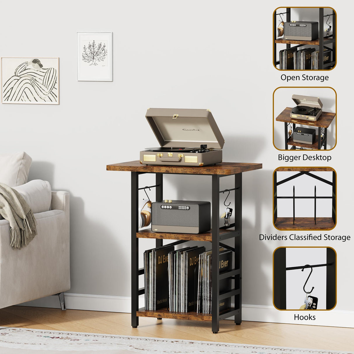 YAKANJ Record Player Stand with Extended Desktop,Large Record Player Table with Vinyl Storage,Turntable Stand with Record Holder Vinyls Display Shelf for Music Room Studio,Retro YAKANJ