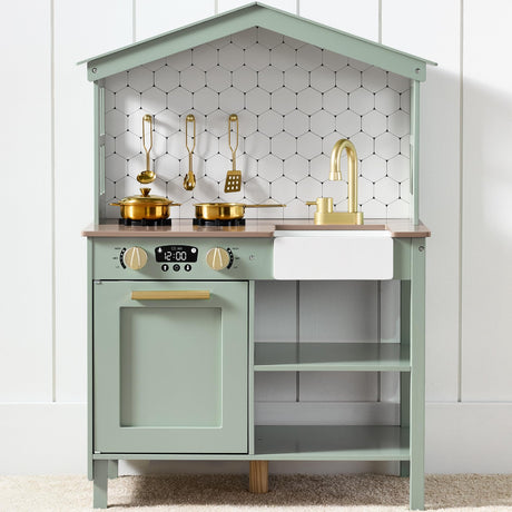 Best Choice Products Pretend Play Wooden Farmhouse Kitchen Set for Kids w/ Toy Storage, Clicking Knobs, Windows, 5 Accessories Included - Sage Best Choice Products