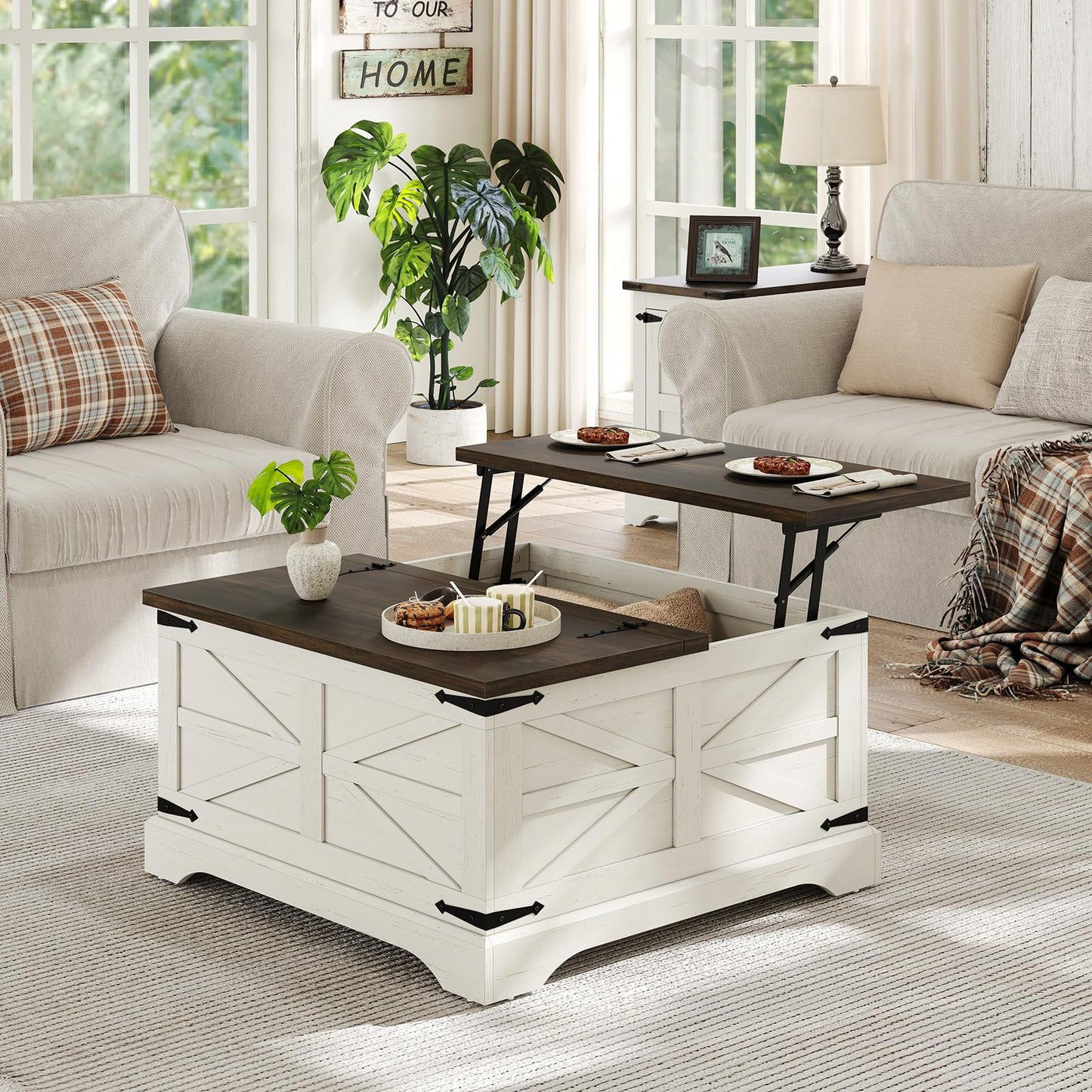 furomate Farmhouse Lift Top Coffee Table, Square Wood Center Table with Large Hidden Storage Compartment for Living Room, Rustic Cocktail White Modern Table with Hinged Lift Top, Brown Top - WoodArtSupply