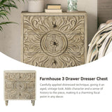 COZAYH 3-Drawer Bedroom Dresser with Carved Floral Front, Distressed Weathered White Finish – Rustic, Boho, French Country, Farmhouse Nightstand with Smooth Glide Storage Drawers COZAYH
