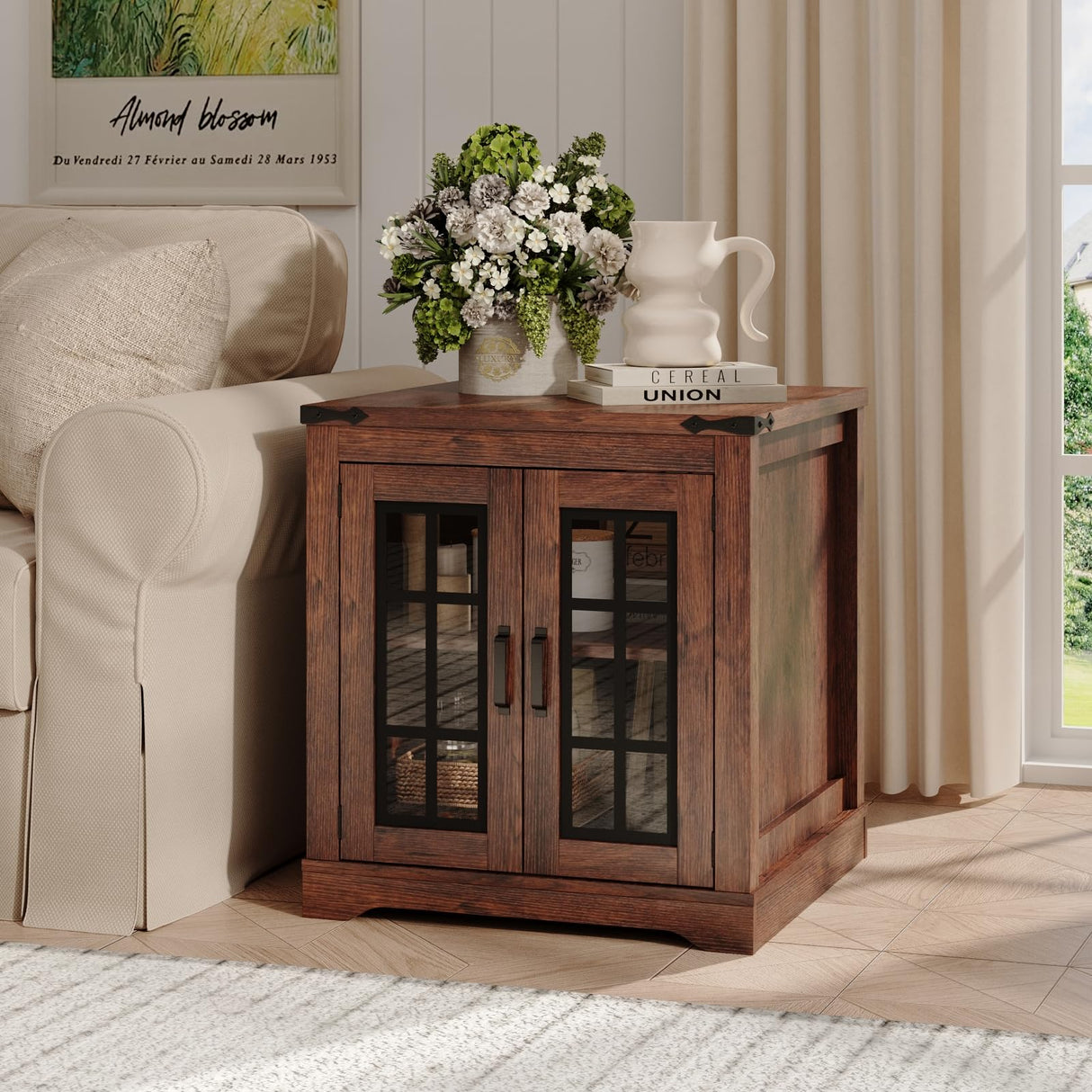 Fameill Farmhouse End Table with LED Lights,Sofa Side Table with Glass Barn Door,Wood Square Nightstand Bedside Table for Living Room,Bedroom,24" Large with Adjustable Storage Shelf,Brown Fameill