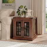 Fameill Farmhouse End Table with LED Lights,Sofa Side Table with Glass Barn Door,Wood Square Nightstand Bedside Table for Living Room,Bedroom,24" Large with Adjustable Storage Shelf,Brown Fameill