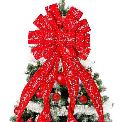 Christmas Tree Topper Christmas Wreath Bow, 52 * 13 inches Tree Toppers Bow with Letter Patterned Ribbon for Xmas Tree Christmas Rustic Farmhouse Home Holiday Party Decorations Red