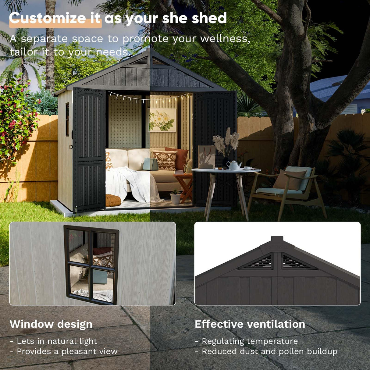 Patiowell 8 x 6 FT Plastic Outdoor Storage Shed with Floor, Resin Shed with Window and Lockable Door for Garden, Backyard, Tool Storage Use, Easy to Install in Beige (Kick-it Shed) Patiowell