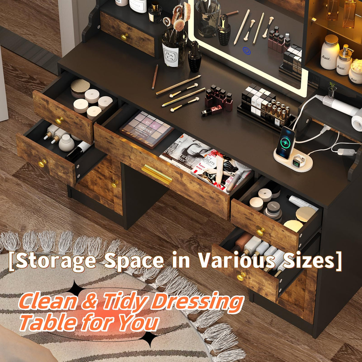 Vanity Desk with Mirror and Power Outlet, 41.3'' Large Make up Vanity Table with 6 Storage Drawers & RGB Cabinets, Dressing Table with 3 LED Lighting Modes Adjustable, for Girls, Women, Rustic Brown Aiguazi