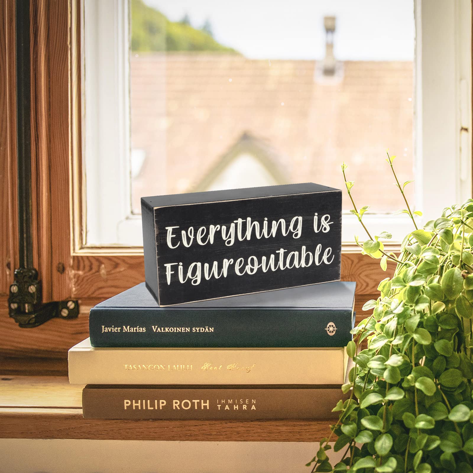 Esur Home Office Desk Black Decor - Inspirational Farmhouse Wooden Box Sign - Everything is Figureoutable - WoodArtSupply