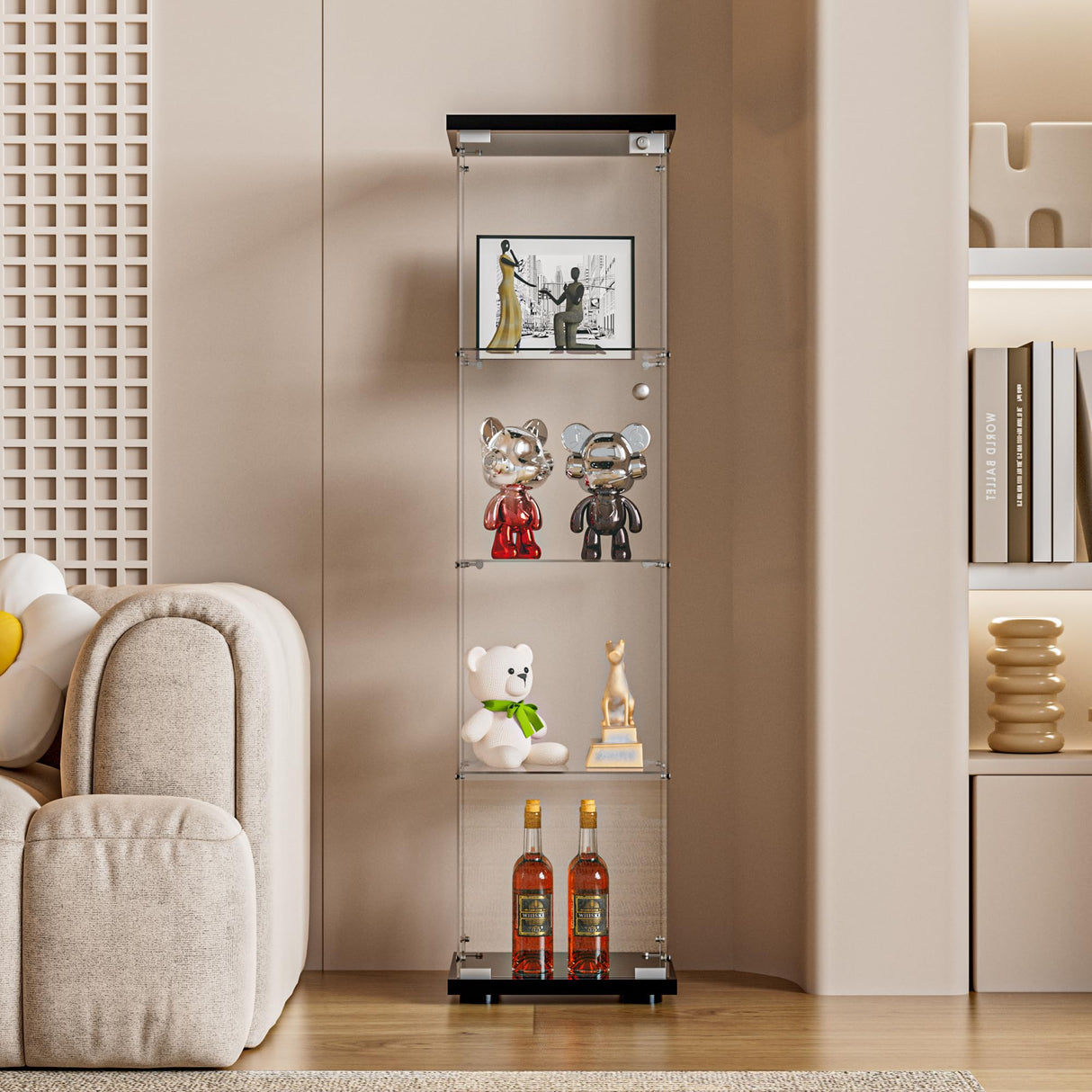 FANYUSHOW Glass Display Cabinet with Door and Lock, Quick-Install Style 4-Shelf Curio Cabinet 5mm Tempered Glass Floor Standing Bookshelf for Living Room, Bedroom, 65" H x 17''L x 14''W (Black) FANYUSHOW