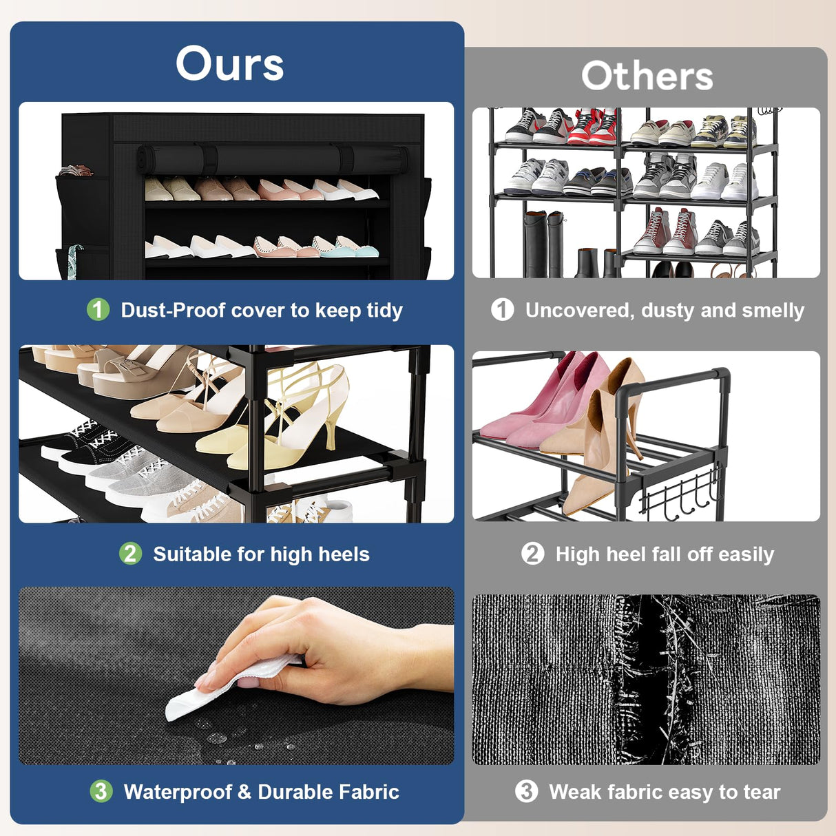 Mavivegue Shoe Rack with Cover, 10 Tier Tall Shoe Storage for 50-55 Pairs of Shoes, Shoe Organizer for Entryway, Closet Mavivegue