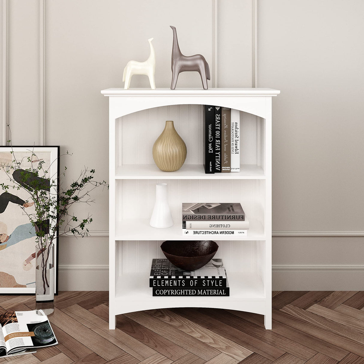 eHemco 3 Tier Bookcase with 2 Arched Supports, 40 Inches, White eHemco