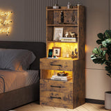 VIAGDO Tall Nightstand Set of 2 with Charging Station and LED Lights, Rustic Brown Night Stand Set 2 with Bookshelf, Modern LED Bedside Tables with 3 Drawers and Storage Shelves, Side Tables Bedroom VIAGDO