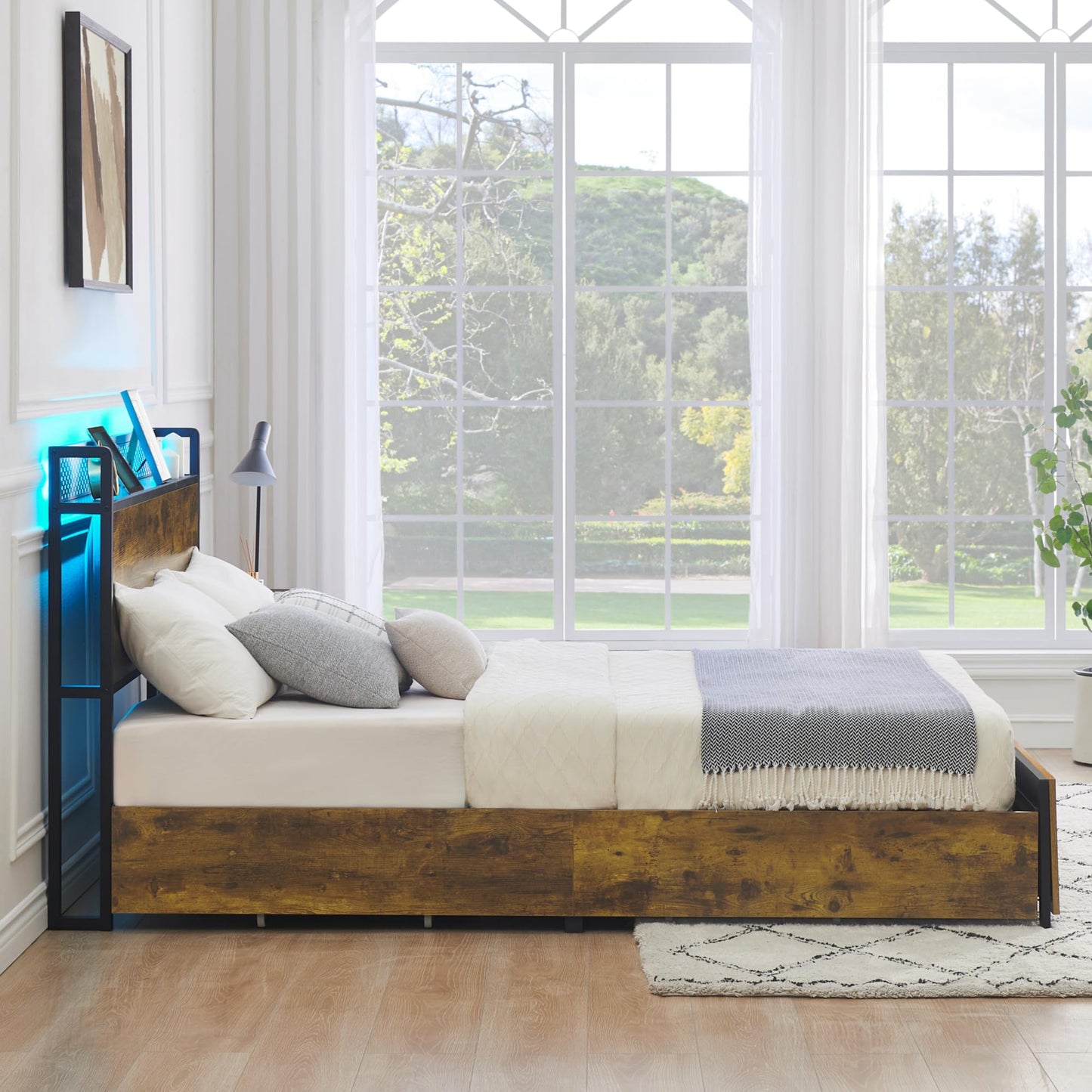 IDEALHOUSE Vintage Brown Queen Bed Frame with LED, Charging Station, and 6 Storage Drawers - WoodArtSupply