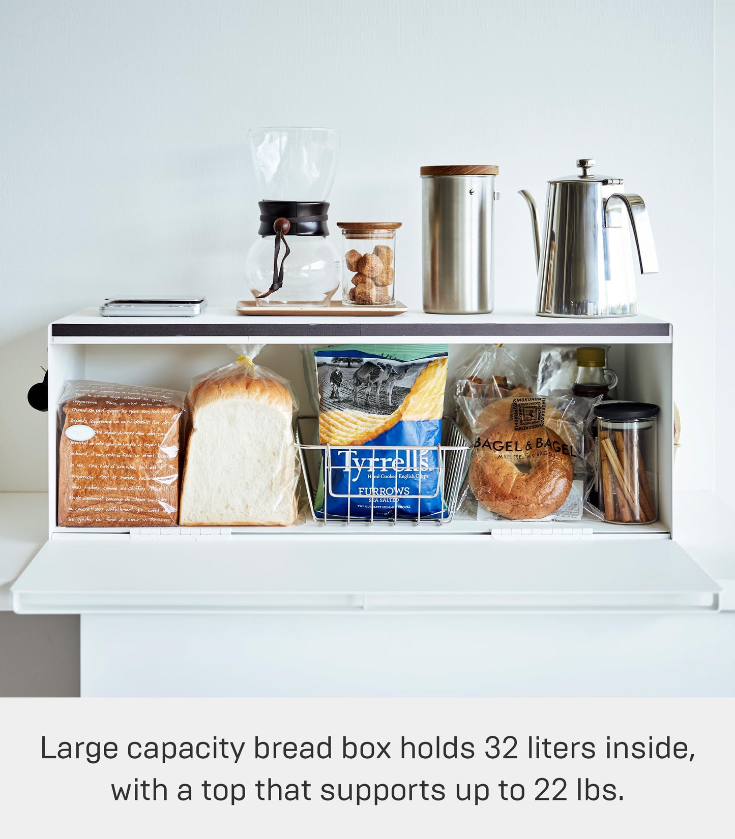 Yamazaki Home Tower Wide Bread Box Keeper Holder Container, Metal Bread Holder Saver, Large Counter Storage - Steel - WoodArtSupply