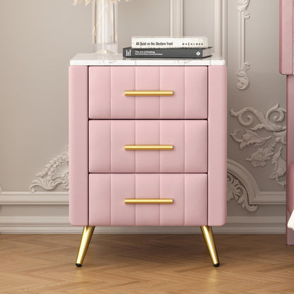 3 Drawers Nightstand with Metal Legs&Handles,Upholstered Nightstand with Faux Marble Top, Bedside Table Furniture, Velvet End Table for Bedroom, Living Room(Pink)