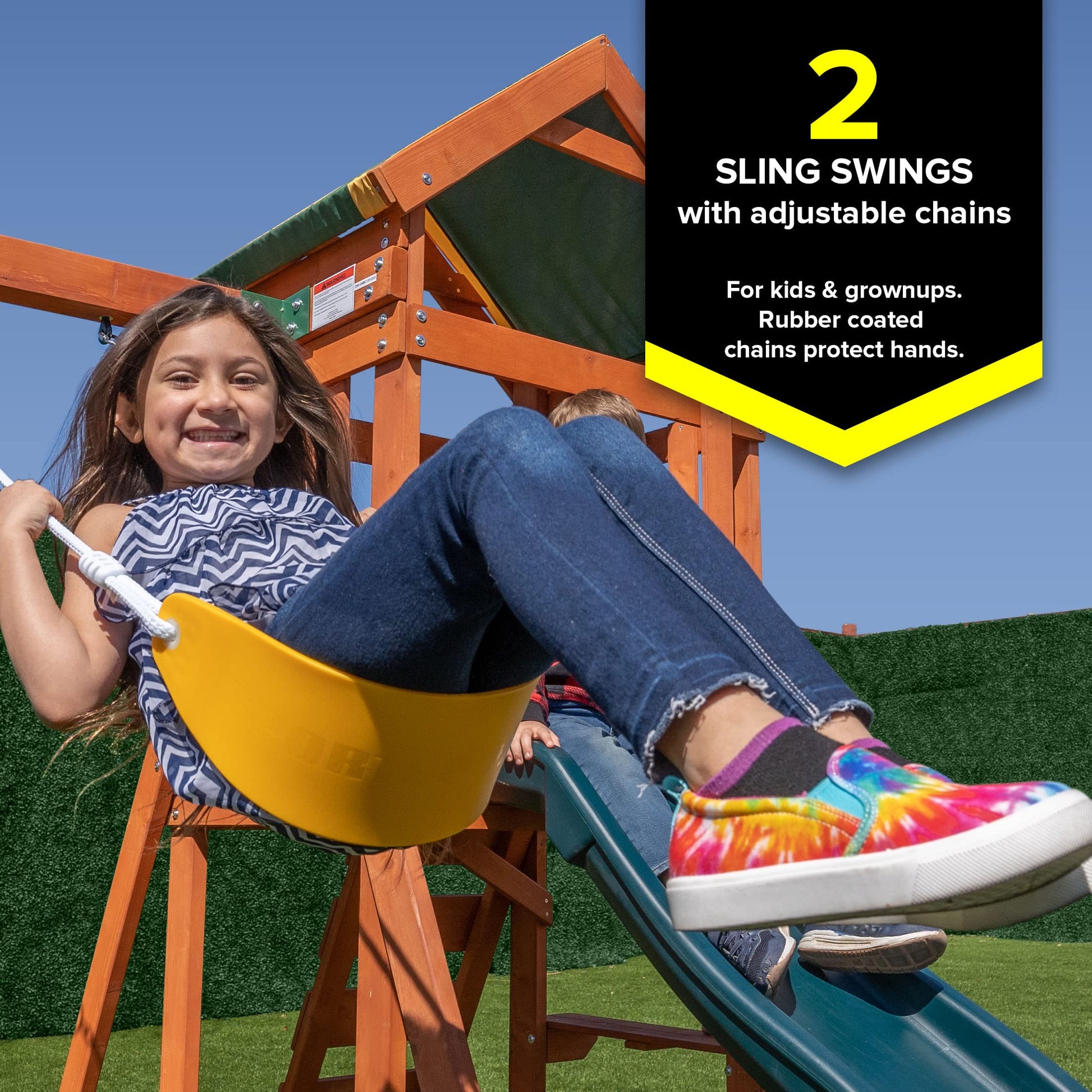 Sportspower Scottsdale Wood Swing Set: 2 Adjustable Swings, Sandbox, Rock Climber, Covered Deck, 1 Slide - Exceeds ASTM Safety Standards - WoodArtSupply