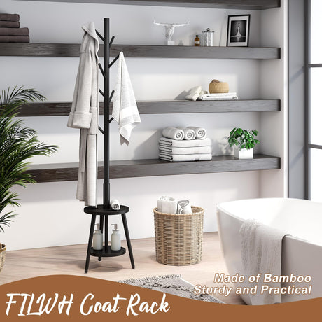FILWH Freestanding Coat Rack with Umbrella Organizer Tray Bamboo Coat Tree Rack with 8 Hook Stand for Clothes Bag Hats Entryway Hanger Stand(Black) FILWH