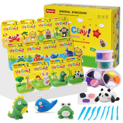 Air Dry Clay for Kids, 12 Animals Modeling Clay Kit with 8 Sculpting Tools and Clear Acrylic Sheet, Soft & Non-Sticky, Safe & Non-Toxic Magic Clays, DIY Arts & Crafts Creative Gift for Boys & Girls