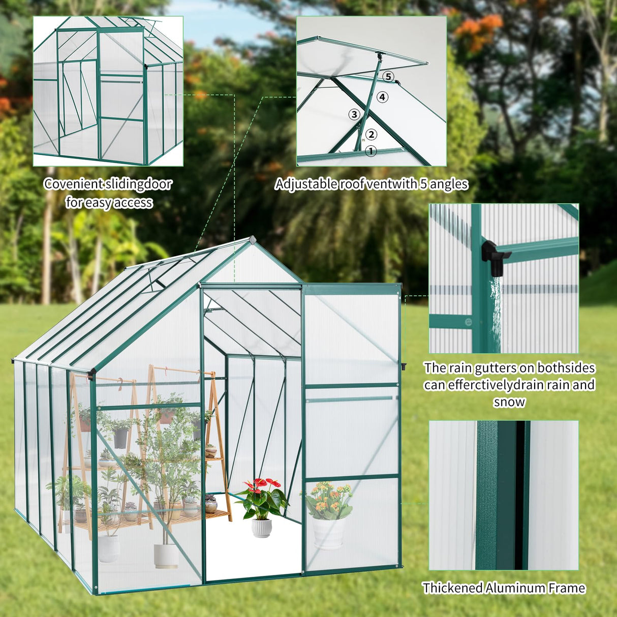 6X10 FT Polycarbonate Greenhouse with Quick Setup Structure, Walk-in Hobby Greenhouse Storage Shed with Sliding Doors and Roof Vent, Sunroom Aluminum Hot House for Outdoor Garden Backyard, Green Yayzy