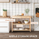 HOMCOM 42" Kitchen Trolley Cart Rolling Island, Wooden Utility Serving Cart with 2 Drawers and 3-Tier Shelf, Natural HOMCOM