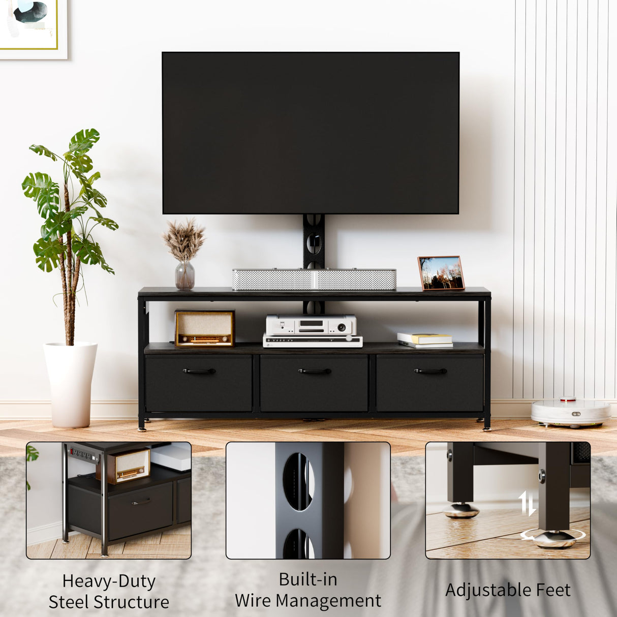 JUSTOGO TV Stand with Mount and Power Outlet, TV Stand Mount with Storage for Living Room, Entertainment Center with LED Lights for 45/55/60/65 inch TVs, Height Adjustable Media Console, Black JUSTOGO