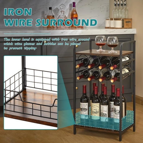 Bosimeca 3-Tier Industrial Wine Bar Table with 8-Bottle Rack and Liquor Storage Bosimeca