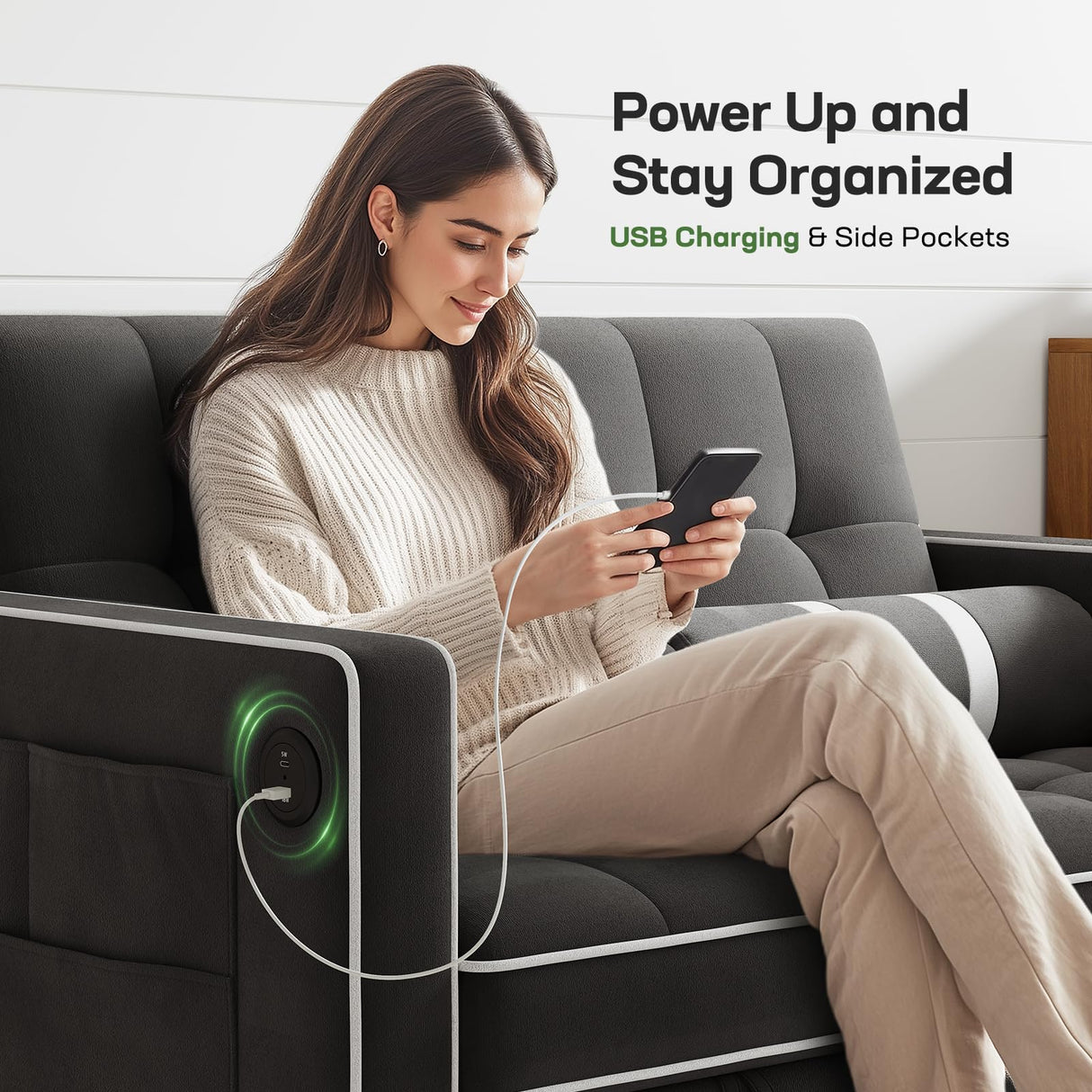 Marsail 3-in-1 Convertible Futon Sleeper Sofa Bed, Pull Out Couch with Adjustable Backrest, USB Charging & Side Pockets, Velvet Fabric Sofa for Living Room, Apartment, Loveseat, Black Marsail