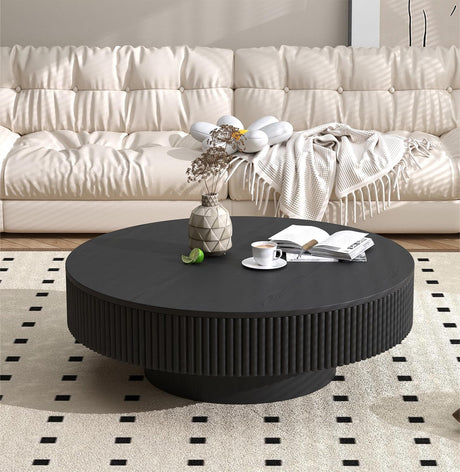 Apicizon 31.5'' Black Round Fluted Coffee Table for Living Room, Mordern Wood Coffee Table, Drum Coffee Table for Small Space, Center Accent Table, Mid-Century End Table for Apartment Apicizon