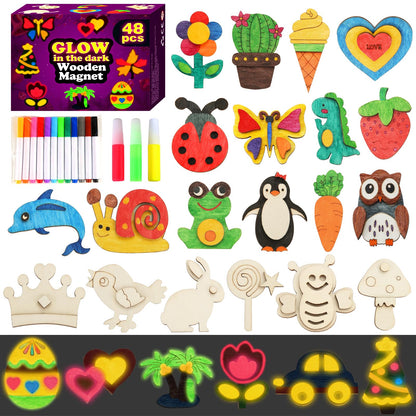 Worgree 48 Pcs DIY Wooden Magnets, Wooden Art Craft Supplies Painting Kit for Kids Ages 4-8 8-12 Glow in The Dark Party Favors Goodie Bag Stuffers Birthday Gifts Toys for Boys Girls