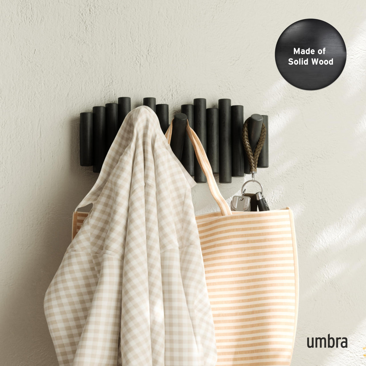 Umbra Picket Wall-Mounted Coat Rack Rail Hook with 5 Retractable Wood Pegs – Modern, Space-Saving Storage Organizer, Black Umbra