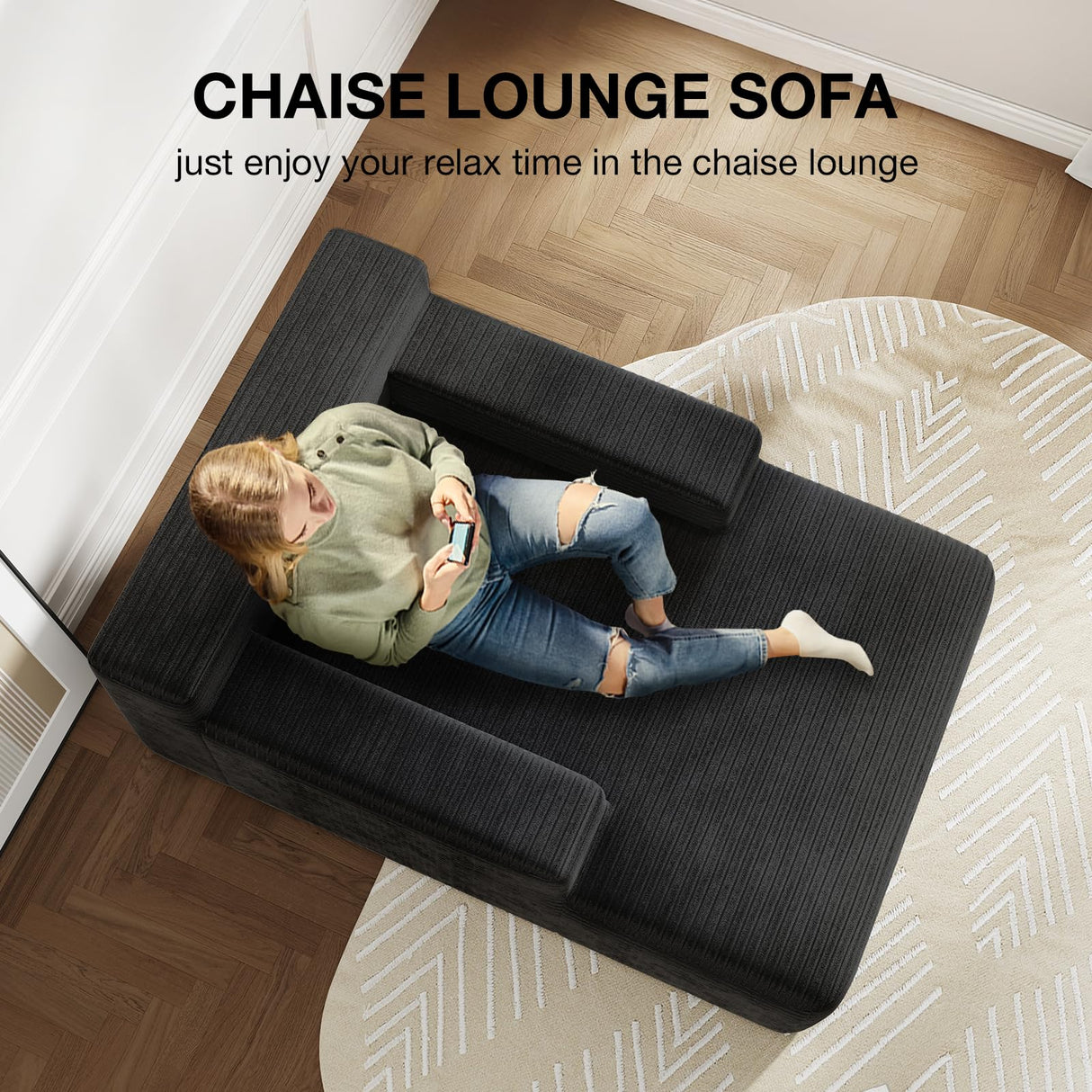 Novilla Oversized Chaise Lounge Indoor, Corduroy Cloud Couch Boneless Chaise Lounge Chair Indoor Deep Seat Reading Chair, 66‘’L x 46‘’W Boneless Couches for Living Room, No Assembly Required, Black Novilla