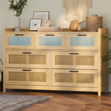 OTMCOOUCH Rattan Dresser for Bedroom with 7 Drawers, Natural Rattan Modern Wooden Wide Led Bedroom Dresser with Led Lights, Chest of Drawers for Bedroom, Living Room (7 Drawers) OTMCOOUCH
