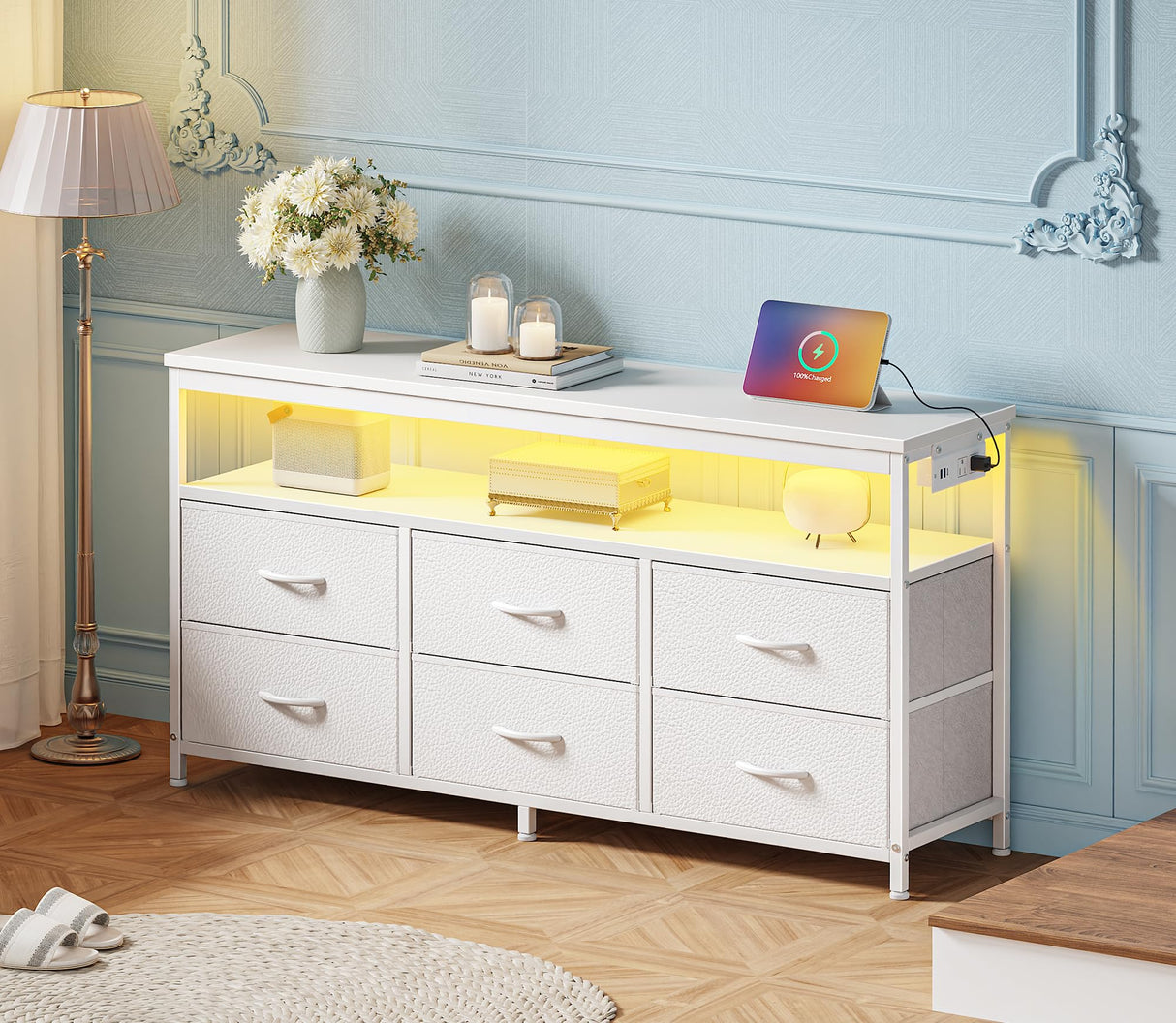 Huuger LED TV Stand for Bedroom, 47 Inch Dresser with Power Outlets, Entertainment Center for 55, 50, 43 Inch TV, 6 Drawer Dresser for Bedroom, Chest of Drawers with Open Shlef, PU Leather, White Huuger