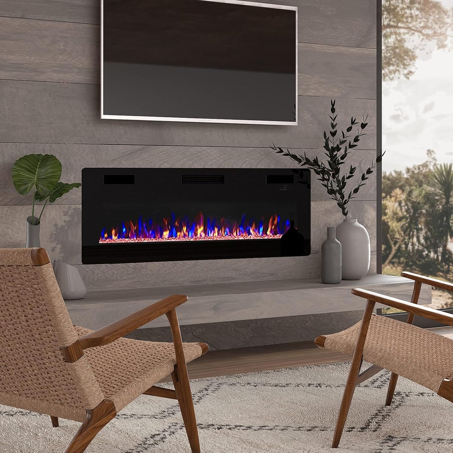 BOSSIN 60 inch Ultra-Thin Silence Linear Electric Fireplace, Recessed Wall Mounted Fireplace, Fit for 2 x 4 and 2 x 6 Stud, 12 Adjustable Flame Color & Speed,Touch Screen Remote Control with 8h Timer