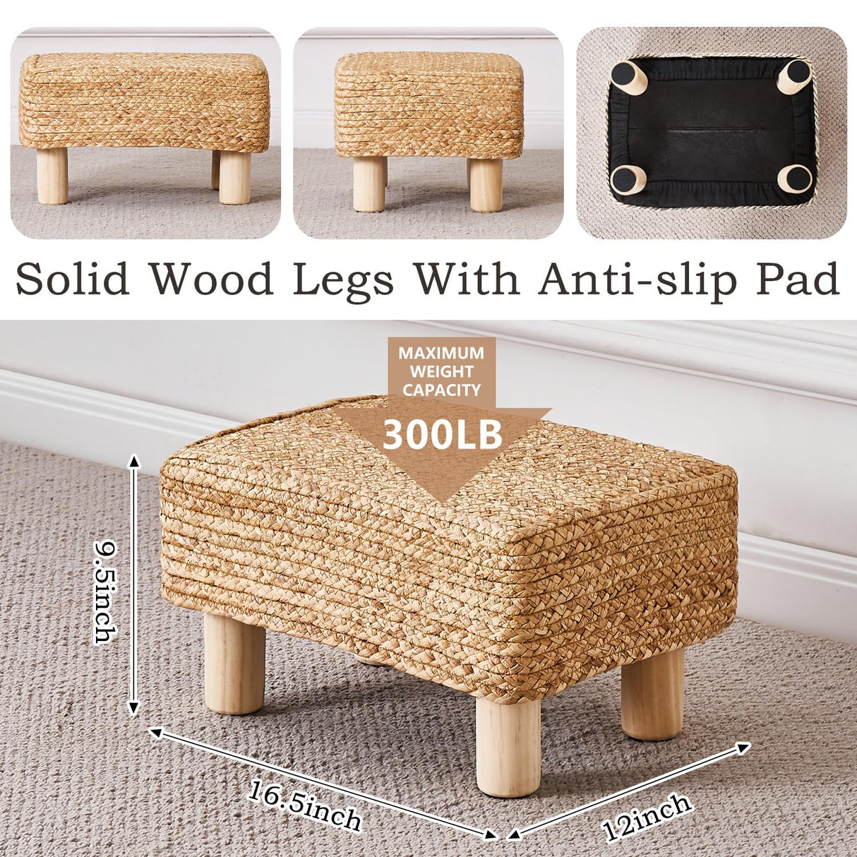 Wimarsbon Natural Seagrass Footstool Ottoman Rectangular Footrest Pouf Ottomans with Wooden Legs Hand Weave Step Stool for Living Room Bedroom Entryway Natural Wimarsbon