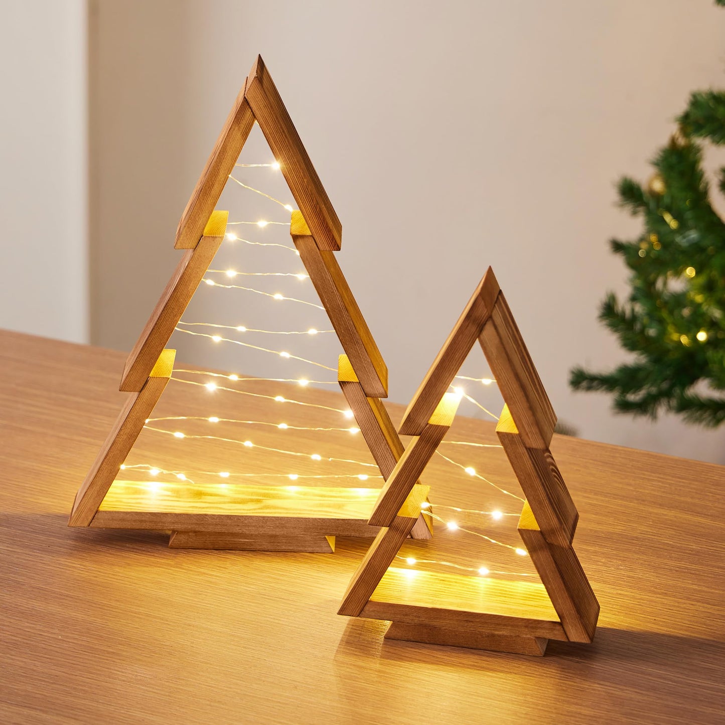 SOONOW Christmas Decorations, Wooden Christmas Tree, Tabletop Christmas Tree with Lights, Small Lighted Christmas Trees Decor for Table Top Mantle Shelf, 2 Pack (Large 14.2" H & Small 10.2" H)