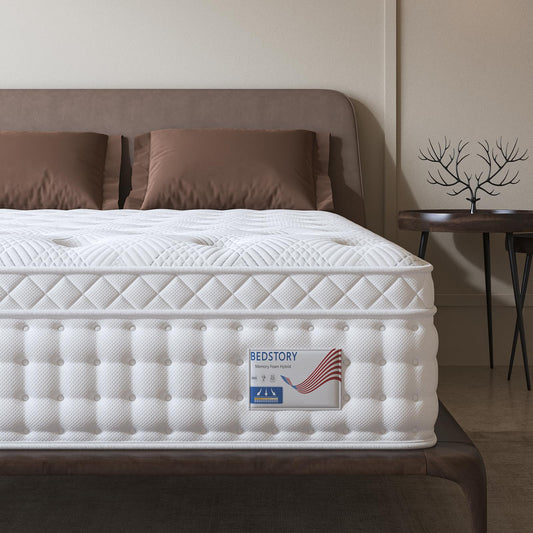 BedStory Queen Mattress 14 Inch, Deep Sleep Mattress Extra Lumbar Support - Medium Firm Mattress - Memory Foam Hybrid Mattress Euro Top, Fiberglass Free Pocket Spring Bed Mattress in a Box