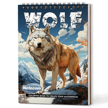 Netecom Wolf Coloring Book Spiral Bound for All Ages, A5 Wooden Cover, 30 Amazing Wolves Coloring Pages of Natural Habitats for Stress Relief and Relaxation Netecom