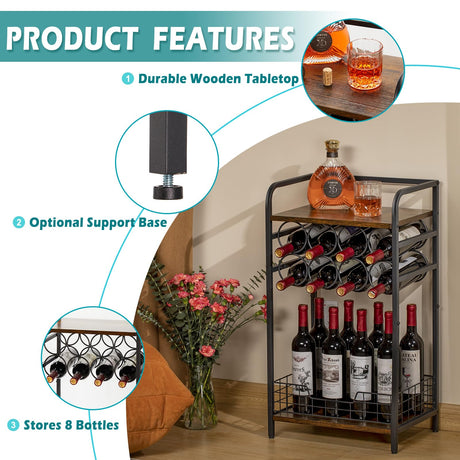 Bosimeca 3-Tier Industrial Wine Bar Table with 8-Bottle Rack and Liquor Storage Bosimeca