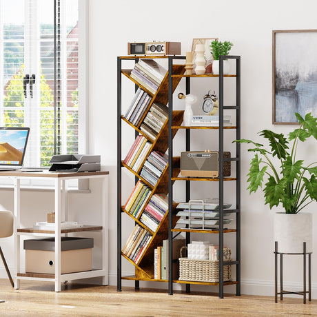 5-Tier Double Wide Bookshelf 67" , Industrial Tree BookShelves, Vintage Storage Rack with 14 Open Shelves, Large Bookcase, Wooden and Metal Bookshelves, Wide Display Rack for Home Office Decorative Cutogxon
