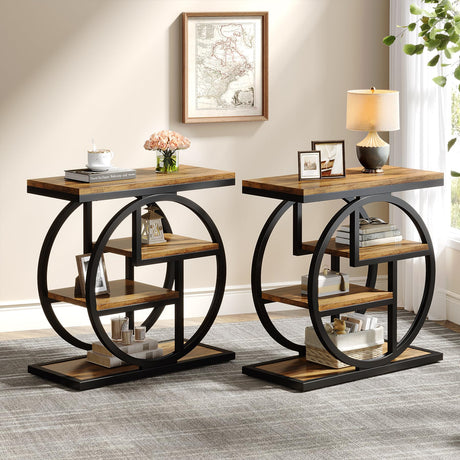 Tribesigns End Table Set of 2, 4-Tier Narrow Side Table with Storage Shelves, Wood Small Sofa Side Table with Geometric Metal Frame, Industrial Bedside Table for Bedroom, Living Room, Rustic Brown Tribesigns