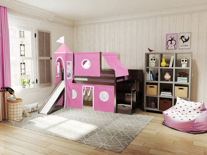 JACKPOT! Princess Stairway Low Loft Bed with 3 Drawers, Slide, Pink and White Tent and Tower, Twin, Cherry