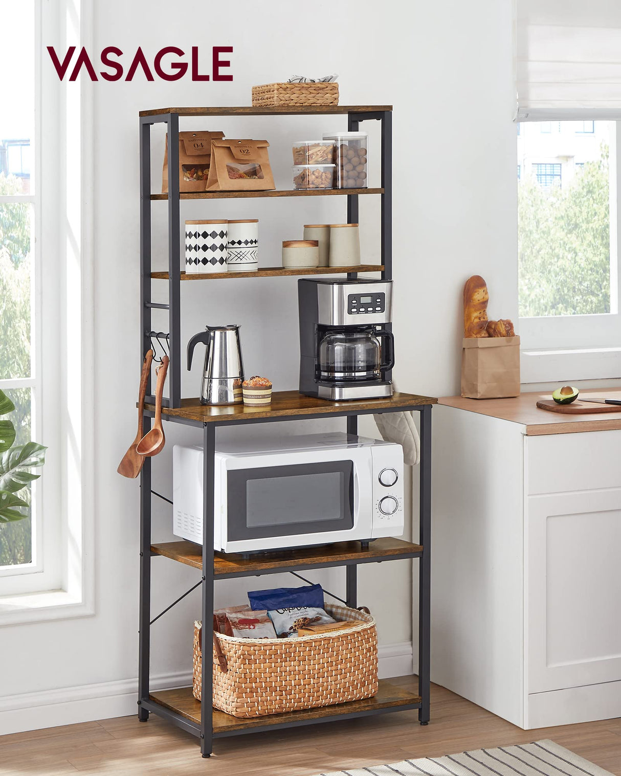 VASAGLE Rustic Brown and Black 6-Tier Kitchen Baker's Rack with Storage and S-Hooks VASAGLE