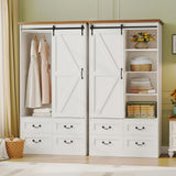 IRONCK Armoire Wardrobe Closet with 4 Drawers,71" Wardrobe Cabinet with Sliding Barn Doors, Tall Clothing Storage Cabinet with Hanging Rod and Shelves for Bedroom, White IRONCK